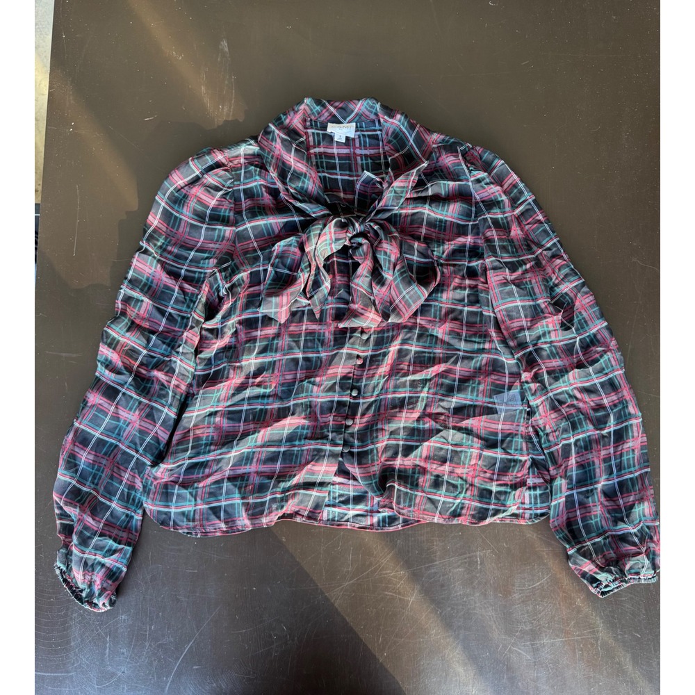 Cami NYC Silk Plaid Bow Blouse Red Teal Black Button Front Small